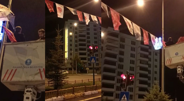 Erzurum’da AKP’li belediye çalışanları, MHP bayrakları asarken görüntülendi
