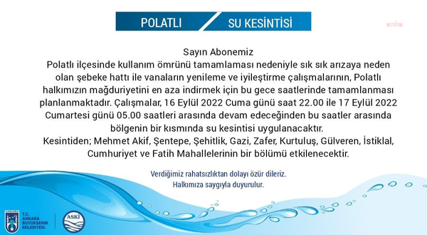 ASKİ: Polatlı’nın bazı mahallelerinde bu gece su kesintisi yapılacak