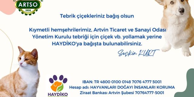 Artvin TSO'dan tebrik çiçeği yerine sokak hayvanlarına bağış kampanyası