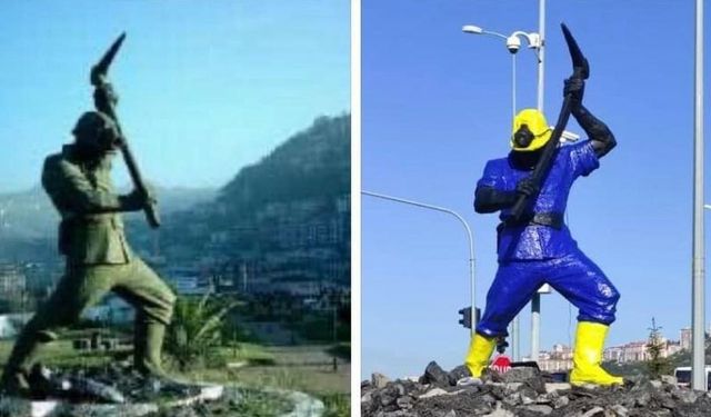 Madenci anıtını sarı-maviye boyadılar, heykeltıraş Metin Yurdanur tepkili