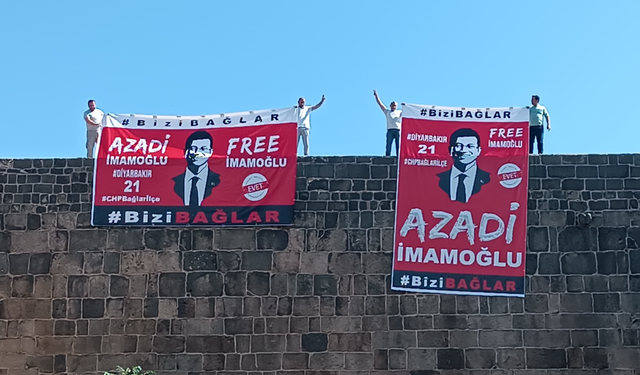 Diyarbakır surlarına asılan “Azadi İmamoğlu” pankartına el konuldu
