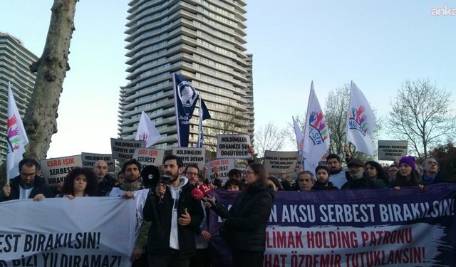 Sendikalar, Başaran Aksu ve Esra Işık’ın tutuklanmasını Limak Holding önünde protesto etti