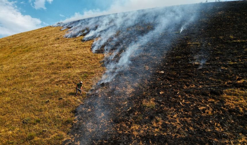 Bayburt'ta dağlık alanda çıkan örtü yangınına müdahale ediliyor