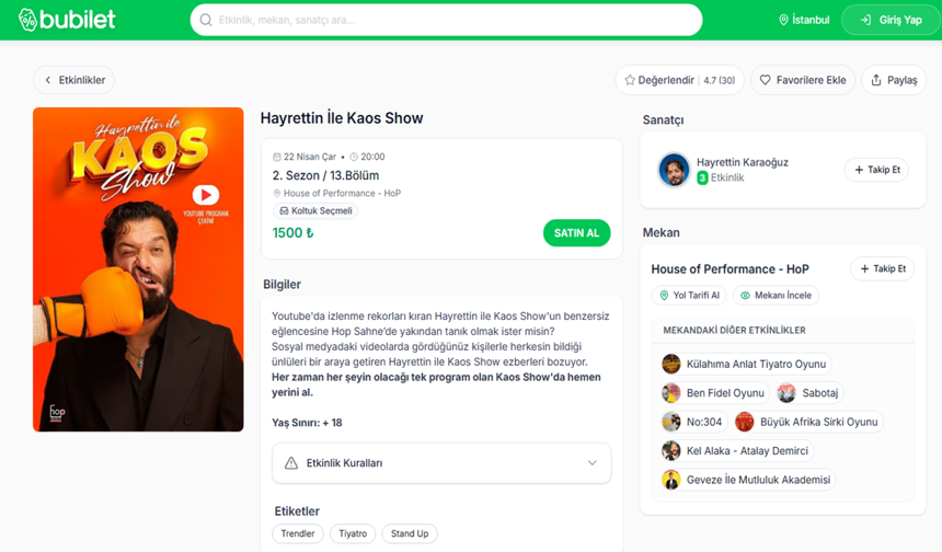 Eğlencenin Kalbi Bubilet: Hayrettin Kaos Show'dan Konserlere Uzanan Benzersiz Deneyimler