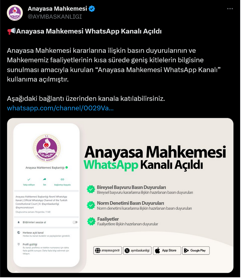 Screenshot 2023-11-28 at 15-29-57 (1) X'te Anayasa Mahkemesi 📢Anayasa Mahkemesi WhatsApp Kanalı Açıldı Anayasa Mahkemesi kararlarına ilişkin basın duyurularının ve Mahkememiz faaliyetlerinin kısa sürede geniş kitl[...]