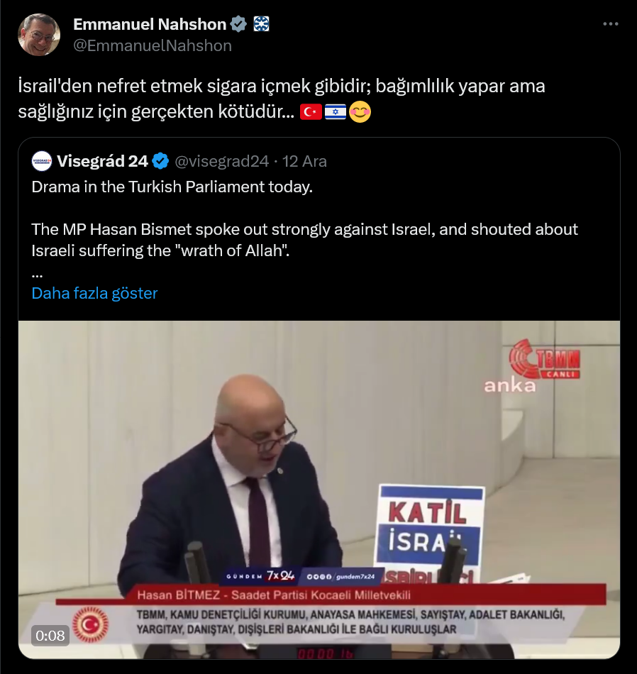 Screenshot 2023 12 14 At 15 41 00 (2) X'te Emmanuel Nahshon İsrail'den Nefret Etmek Sigara Içmek Gibidir Bağımlılık Yapar Ama Sağlığınız Için Gerçekten Kötüdür... ????? X