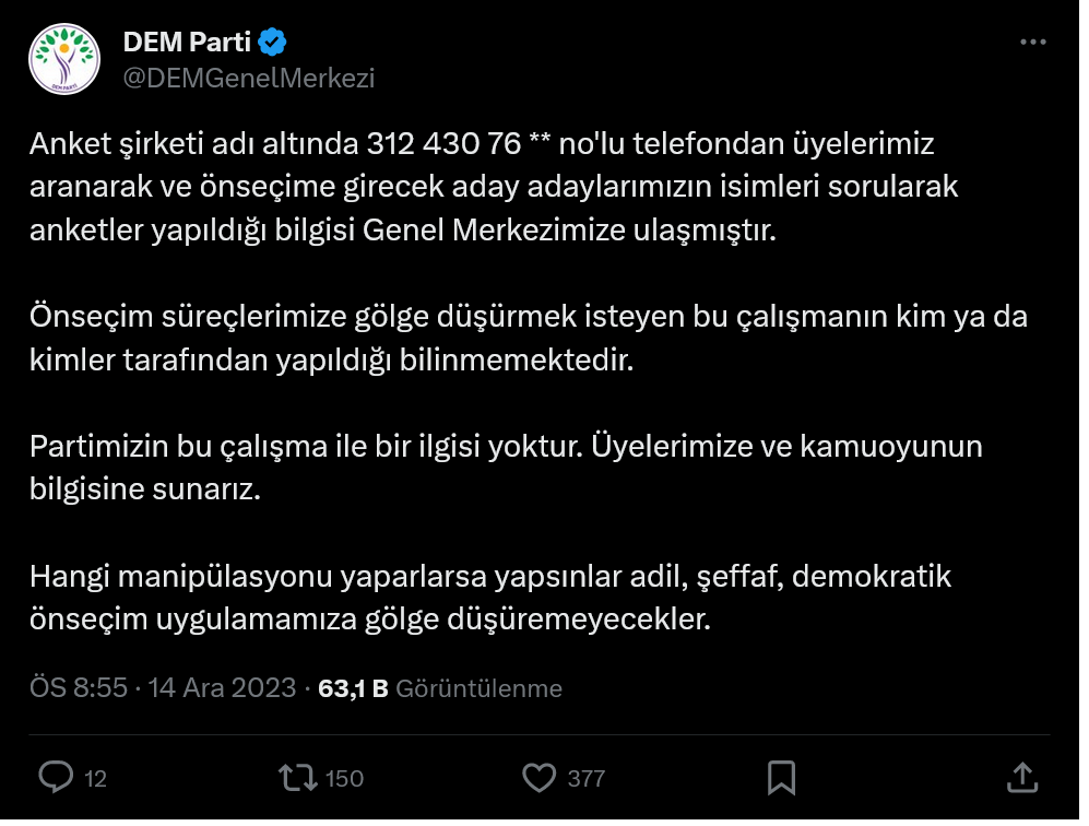 Screenshot 2023 12 15 At 14 28 48 (1) X'te Dem Parti Anket Şirketi Adı Altında 312 430 76 No'lu Telefondan Üyelerimiz Aranarak Ve Önseçime Girecek Aday Adaylarımızın Isimleri Sorularak Anketler Yapıldığı Bilgisi Ge[...]