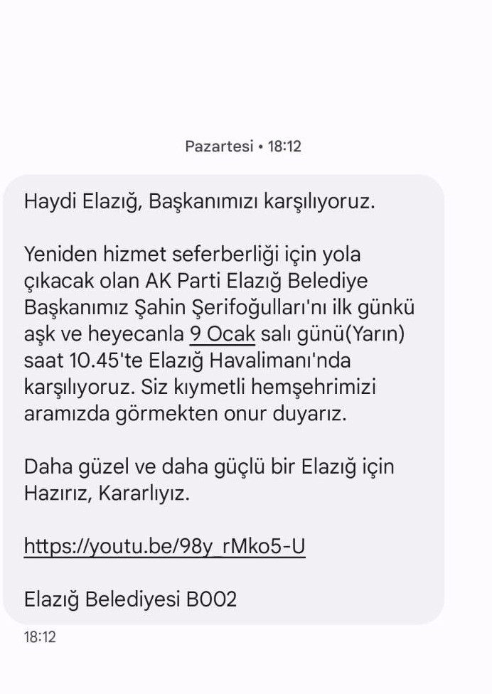 Elazığ Belediyesi'nin halka gönderdiği SMS