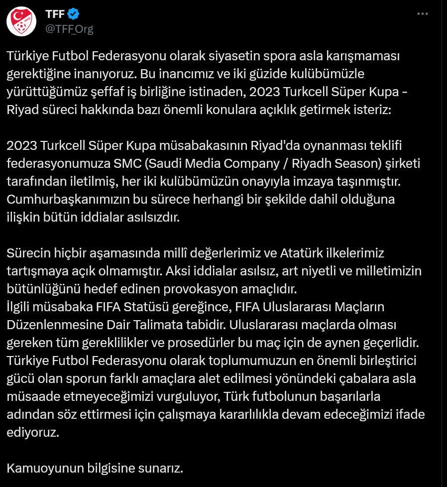 Screenshot 2024 01 02 At 18 26 43 X'te Tff Türkiye Futbol Federasyonu Olarak Siyasetin Spora Asla Karışmaması Gerektiğine Inanıyoruz. Bu Inancımız Ve Iki Güzide Kulübümüzle Yürüttüğümüz Şeffaf Iş Birliğine Istinade[...]