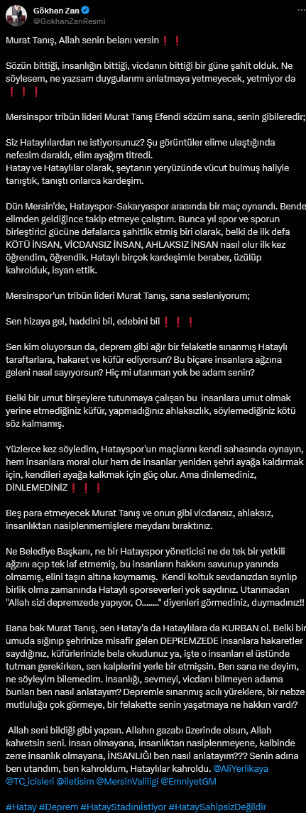 Screenshot 2024 01 18 At 11 45 46 X'te Gökhan Zan Murat Tanış Allah Senin Belanı Versin❗️❗️ Sözün Bittiği Insanlığın Bittiği Vicdanın Bittiği Bir Güne Şahit Olduk. Ne Söylesem Ne Yazsam Duygularımı Anlatmaya Yetmey[...]