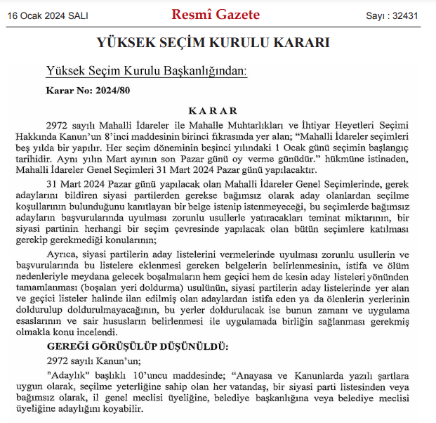 Yüksek Seçim Kurulu yerel seçim kararı