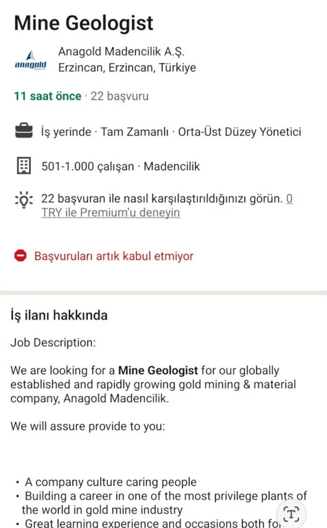 Erzincan İliç maden faciası Anagold iş ilanı