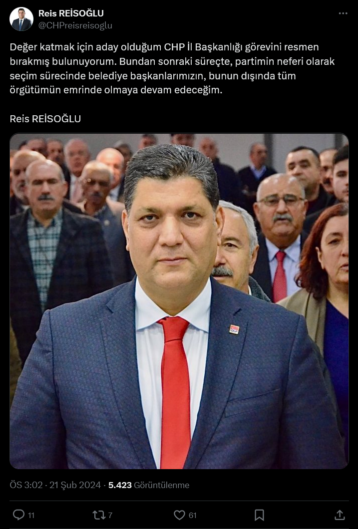 Screenshot 2024 02 21 At 17 26 57 (1) X'te Reis Rei̇soğlu Değer Katmak Için Aday Olduğum Chp İl Başkanlığı Görevini Resmen Bırakmış Bulunuyorum. Bundan Sonraki Süreçte Partimin Neferi Olarak Seçim Sürecinde Belediye[...]