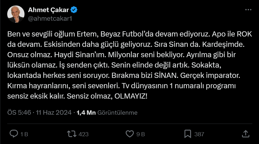 Çakar'ın paylaşımı