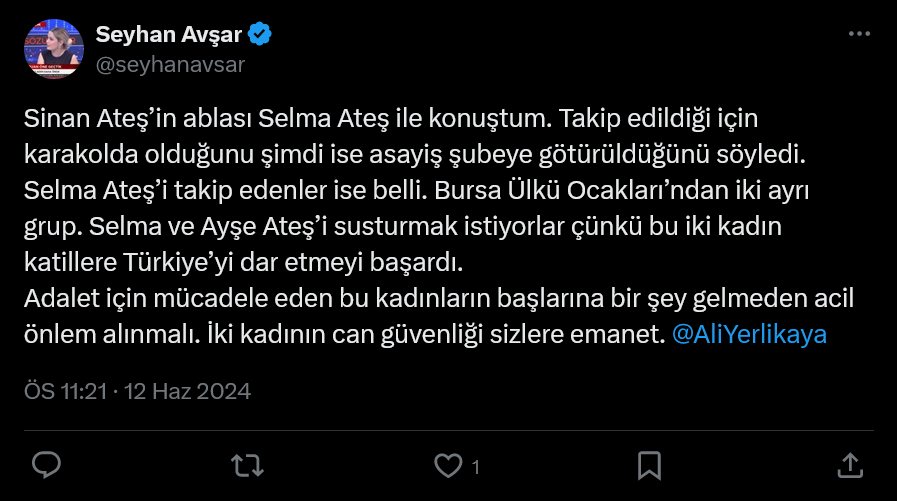 Screenshot 2024 06 12 At 23 24 21 (1) X'te Seyhan Avşar Sinan Ateş’in Ablası Selma Ateş Ile Konuştum. Takip Edildiği Için Karakolda Olduğunu Şimdi Ise Asayiş Şubeye Götürüldüğünü Söyledi[...]