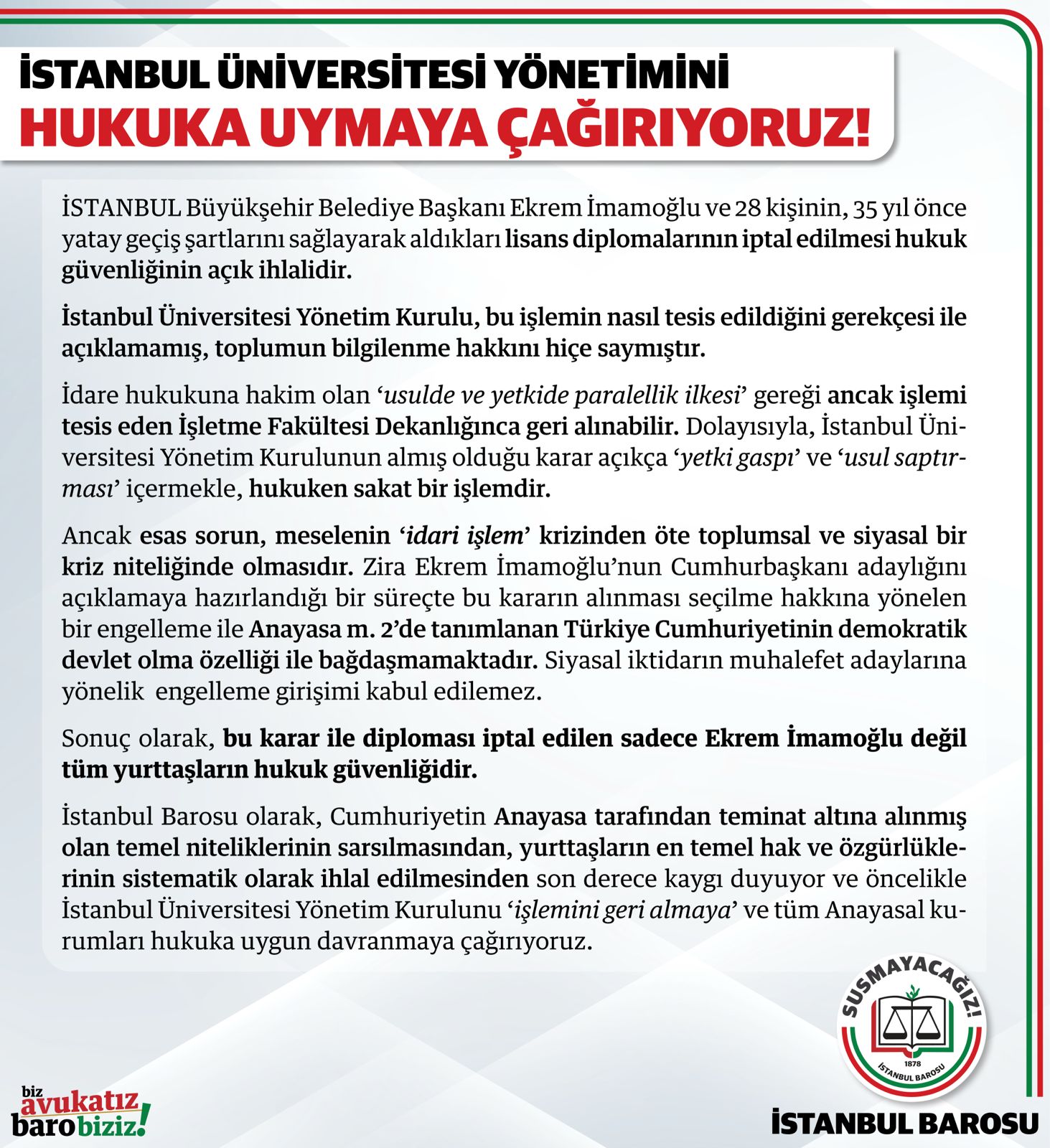 İstanbul Barosu Açıklama