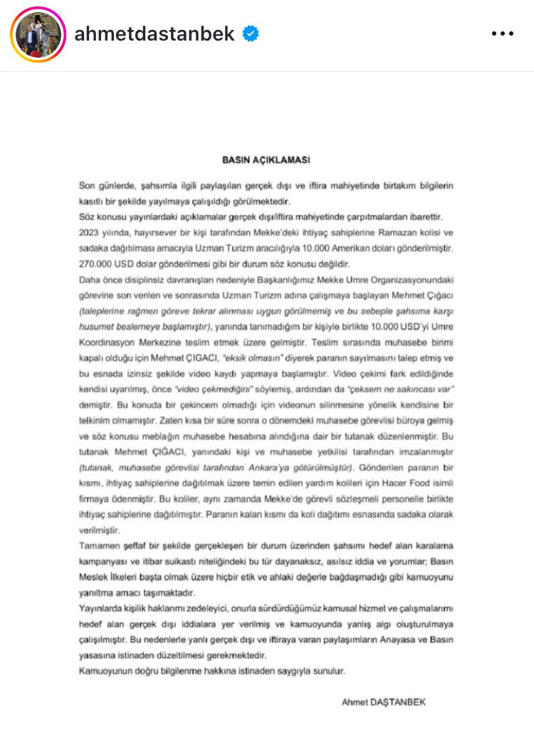 Ahmet Daştanbek'in açıklaması