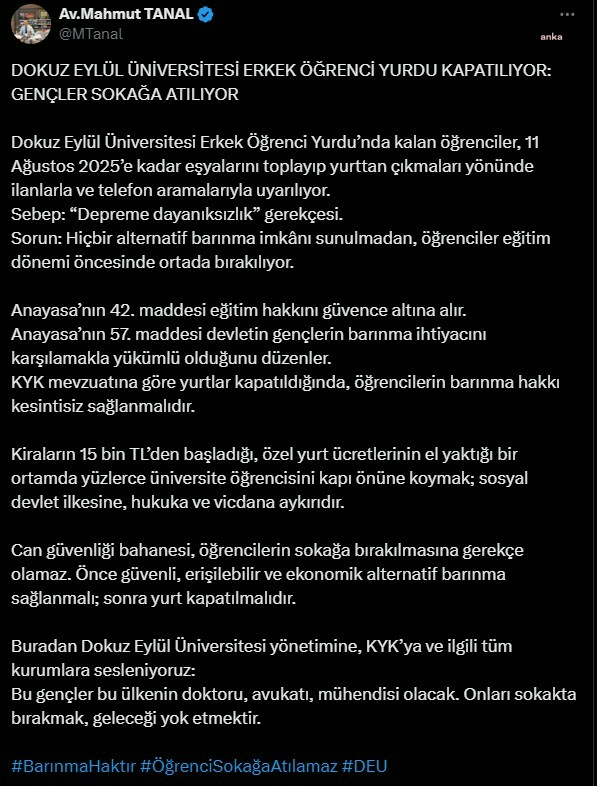 Dokuz Eylül Üniversitesi Öğrencilerinin Yurtta Çıkarılmasına Chp Milletvekili Tanal'dan Tepki