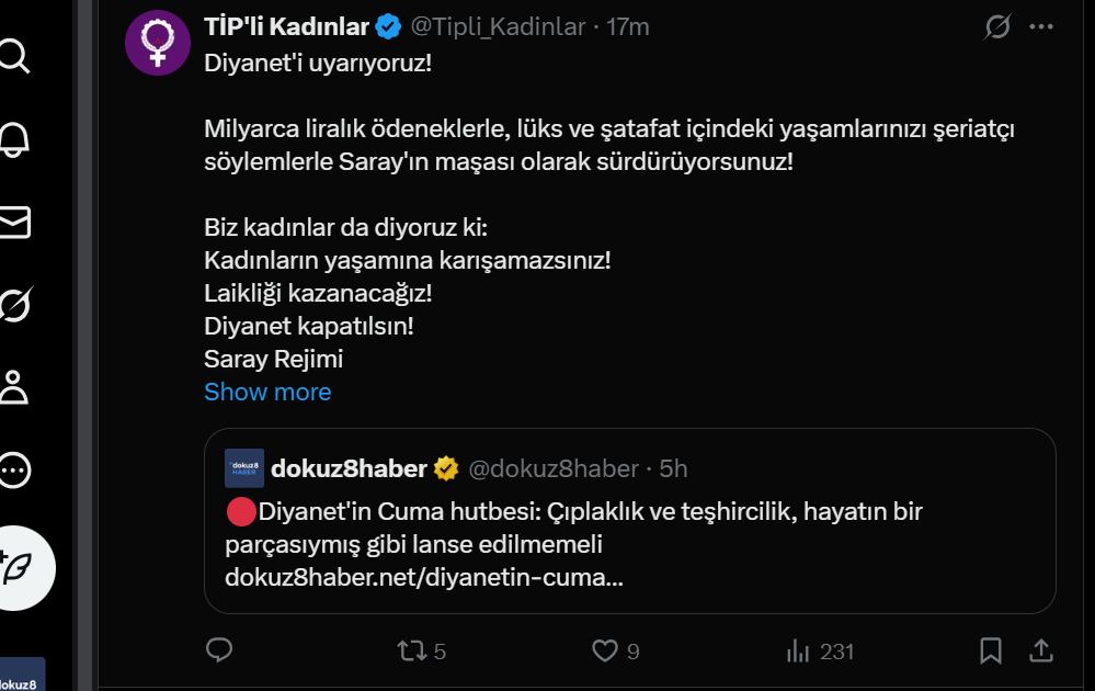 TİP Kadınlar'ın haberimizi alıntılayarak yaptığı paylaşım