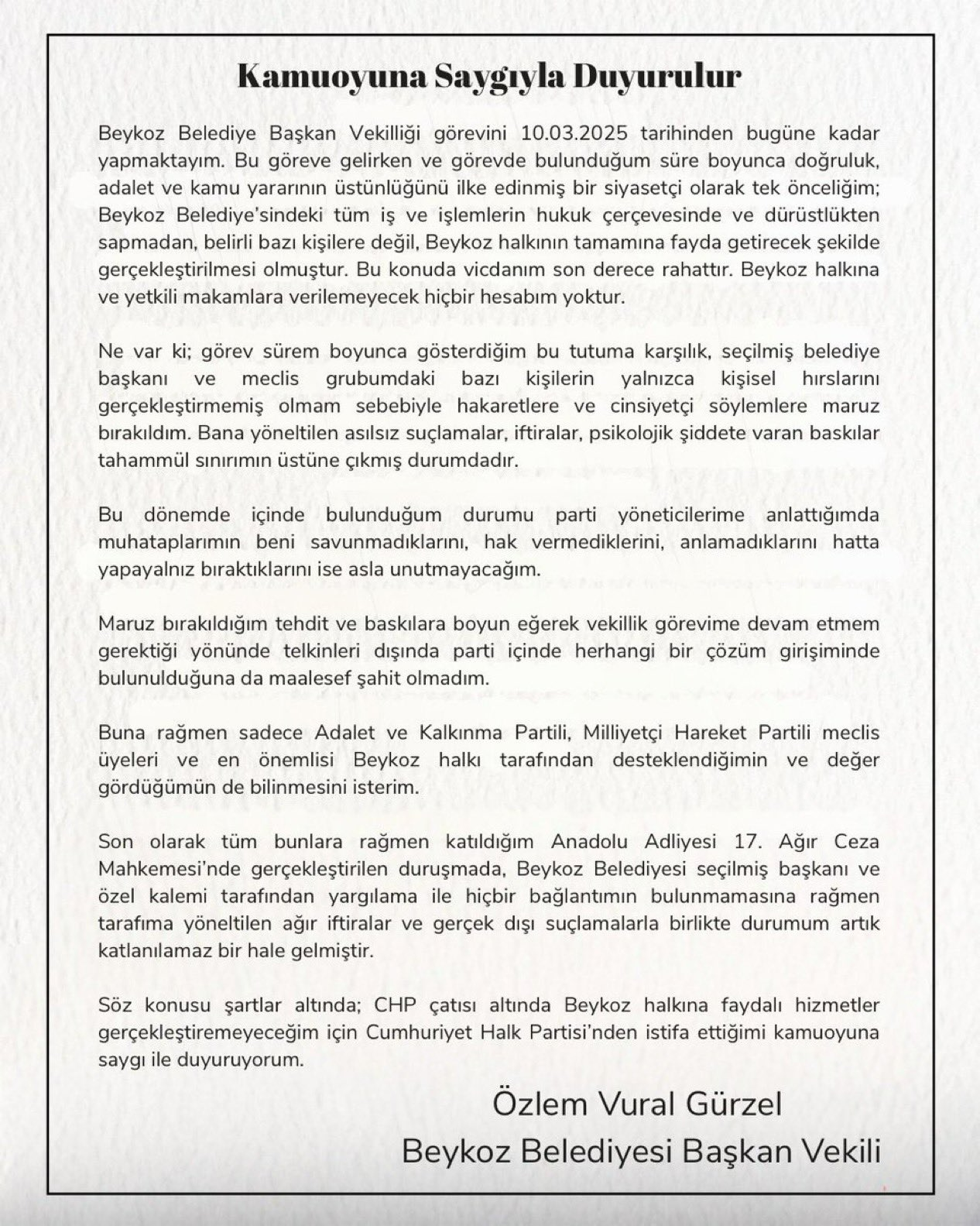 Özlem Vural Gürzel'in kamuoyuna paylaştığı açıklaması