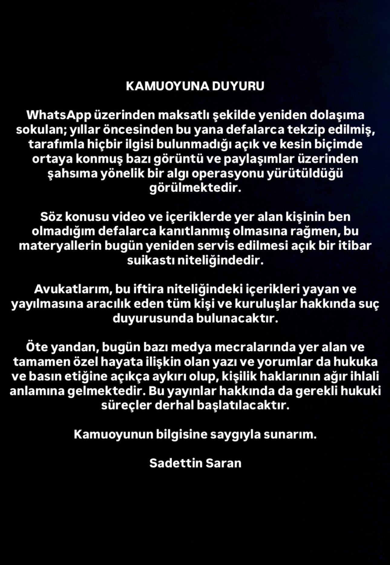Saadettin Saran'ın paylaştığı açıklama